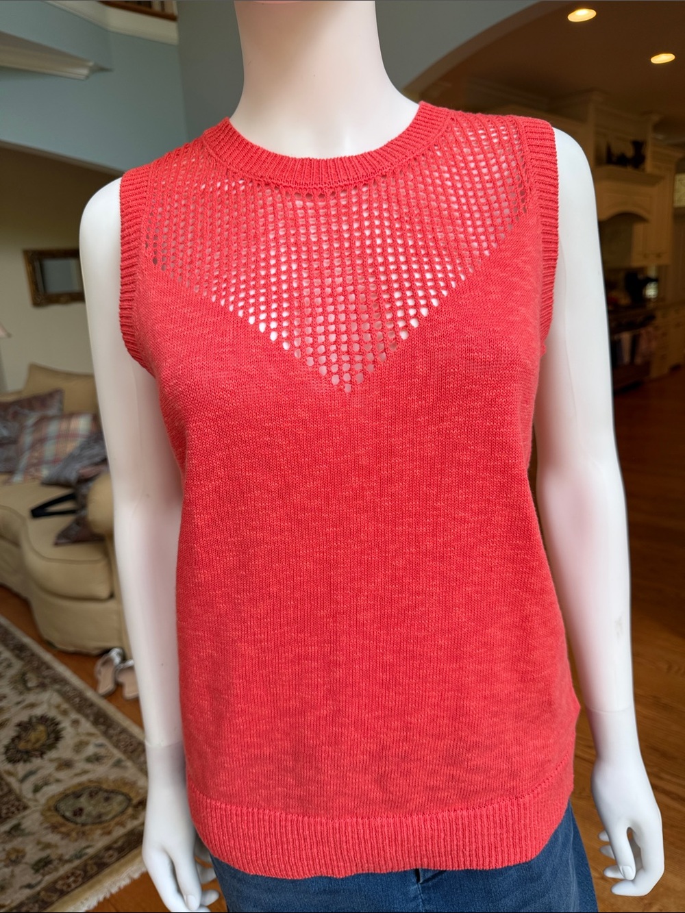 Staccato Coral Knit Sleeveless Shell with Open-Yoke Detail